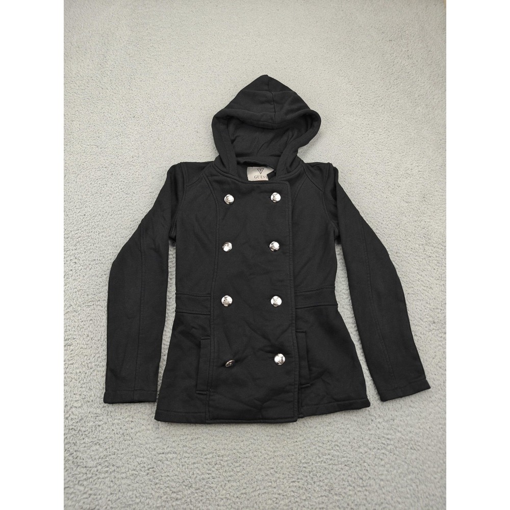 Guess Jacket Womens XS Black Hooded Double‎ Breasted Peacoat Fleece Q430303K1B0